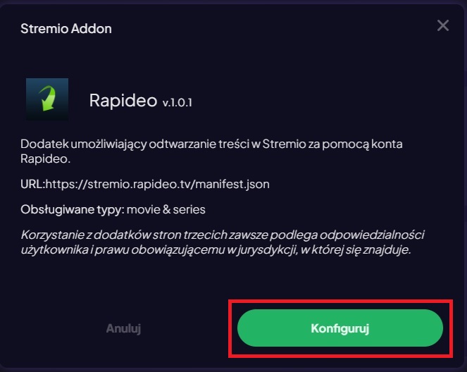 Okno dodatku Rapideo w Stremio