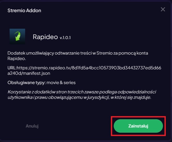 Poprawnie skonfigurowany dodatek Rapideo w Stremio